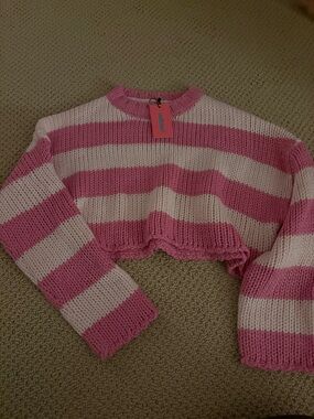Edikted Pink & White Striped Cropped Sweater